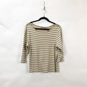 2/$30 Chico's Large 2 Womens Tan White Striped 3/4 Sleeve Pullover Top